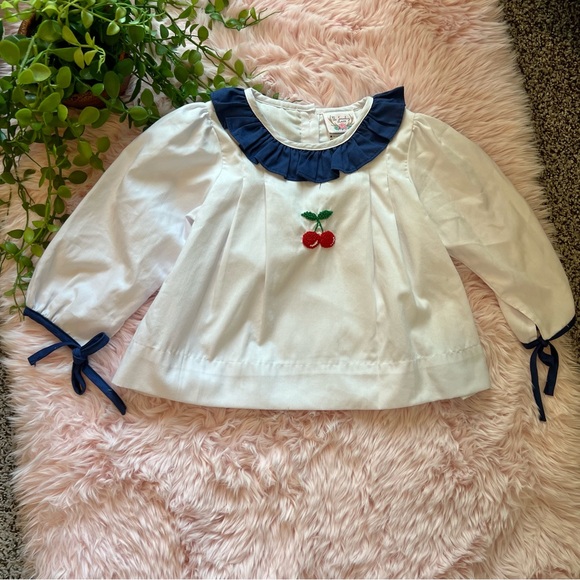 The Smocking Place Navy Blue White Cherry Embroidered Ruffle Blouse & Bloomers 2 - Picture 3 of 8